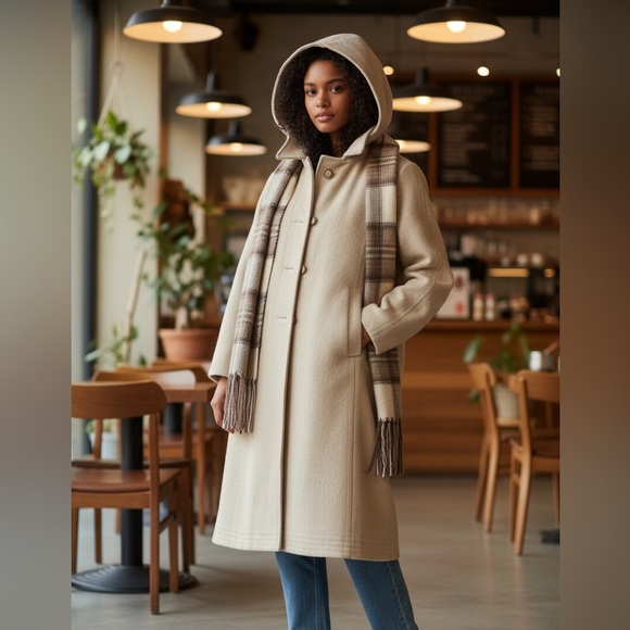 Vintage Women's Wool Trench Coat with removable Hood and Scarf - Picture 3 of 16